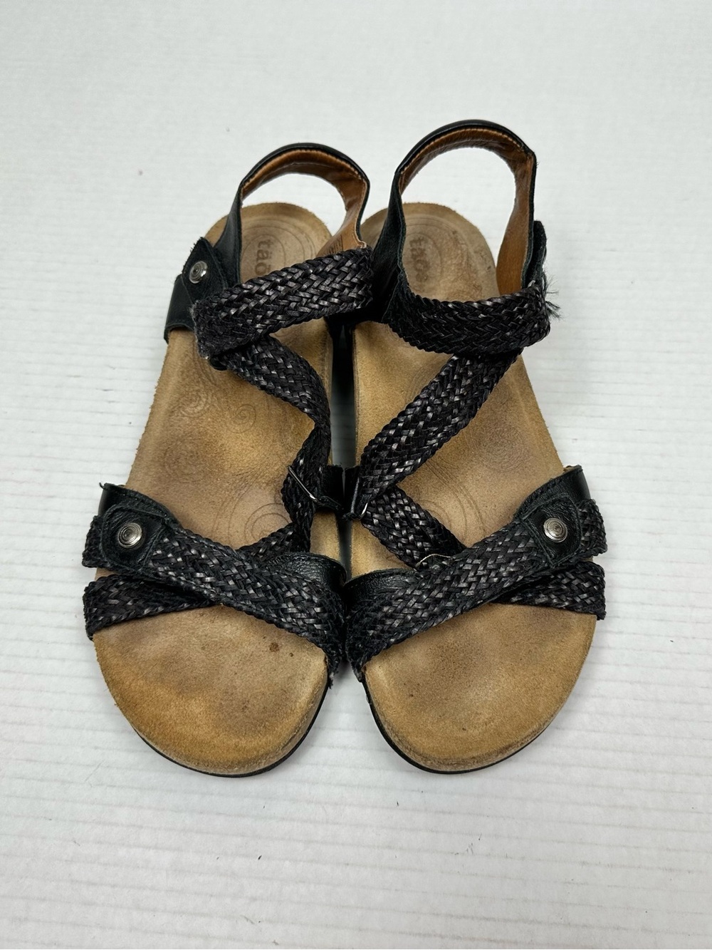 Taos Trulie Braided Woven Ankle Strap Wedge Sandal Black Leather Size 39-8.0/8.5